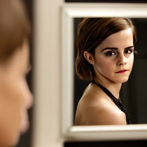 Image similar to emma watson looking in the mirror, dark, intricate, highly detailed, 4 k photorealistic