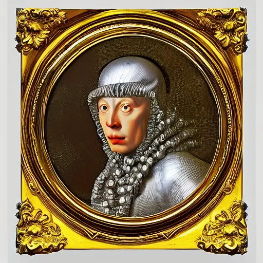 Image similar to a portrait of a shiny metallic renaissance robot, in the style of Jan van Eyck,