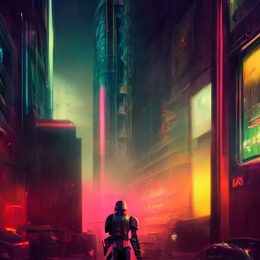 Image similar to Mandalorian, cyberpunk, neon, art station, fog, volumetric lighting, city, dark, gritty