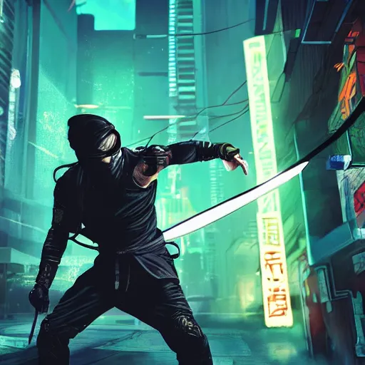 Prompt: a cyberpunk ninja fighting and wielding an electric rope dart. concept art, award winning. 4 k