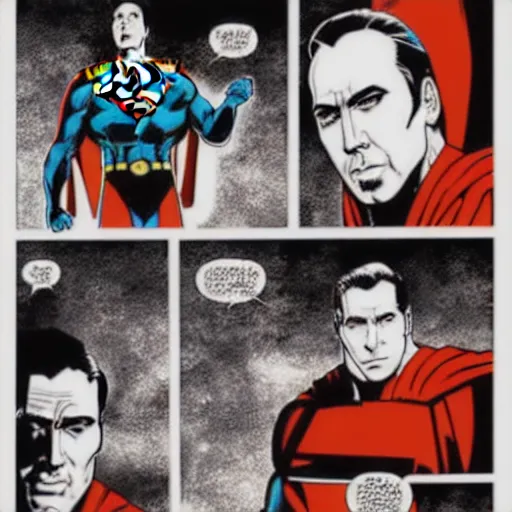 Image similar to Nicholas Cage as Superman comic book. Red cape. Detailed face Marvel comics art style. Halftone