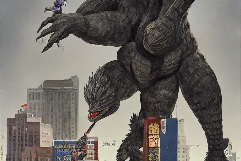Image similar to giant buster keaton in the city, battling godzilla with clever acrobatics. color fantasy painting, highly detailed, trending on artstation