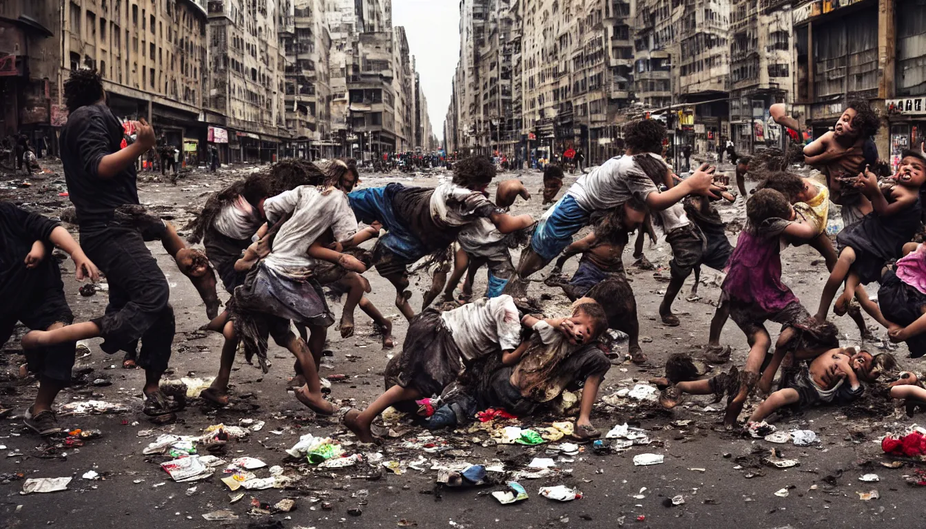Prompt: in a dirty city street disheveled children in rags fight against laughing obese men in cheap suits, over piles half eaten rotting fast food, money thrown and floats in the air, hyper realistic photo, full colour, upscale, 8 k, masterpiece,
