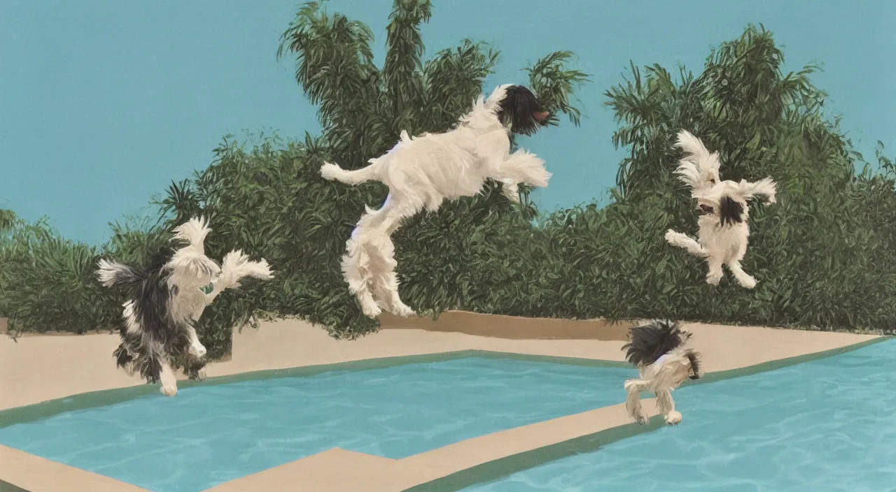 Image similar to medium shot of one cream colored havanese dog jumping from a diving board at a pool at a mid century modern house in palm springs by david hockney