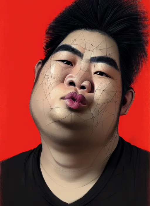 Prompt: portrait of a plump thai man with a crooked nose and a confident expression, 1 9 6 0 s, black clothes, goth, punk, brightly coloured hair, funk, intricate, elegant, highly detailed, digital painting, artstation, concept art, smooth, sharp focus, illustration, art by wlop, mars ravelo and greg rutkowski