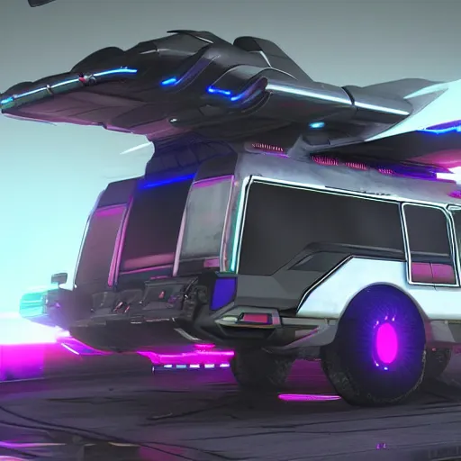 Image similar to cyberpunk alien concept of the a - team van, futuristic look, highly detailed body, very powerful, photorealistic camera shot, crisp quality and light reflections, unreal engine 5 quality render