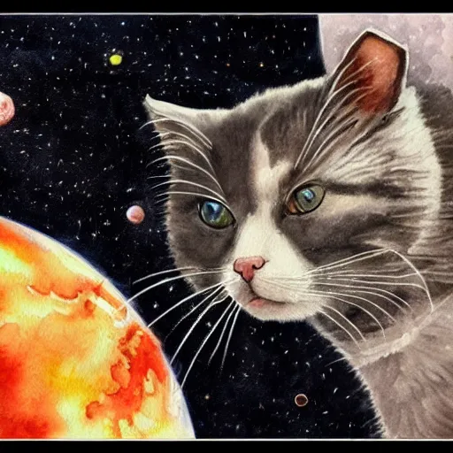 Image similar to cat doing mathematics in space. cat doing mathematics in space. watercolor. amazing painting. high resolution. highly realistic. cool tones. close - up. 8 k. trending on artstation.