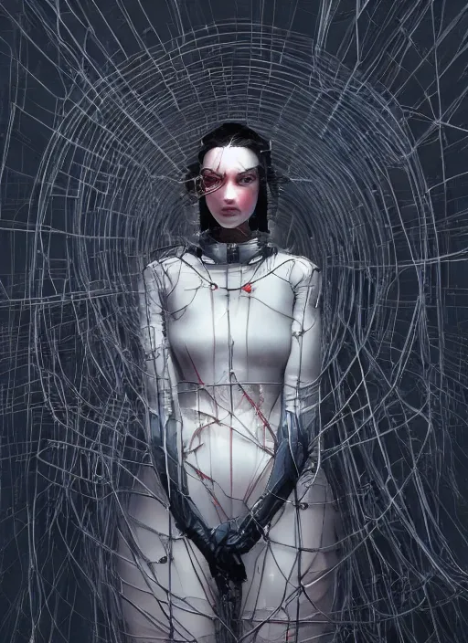 Image similar to portrait of a futuristic geisha cyborg surrounded by wire locked into the matrix, in the style of ghost, by jheronimus bosch and greg rutkowski,