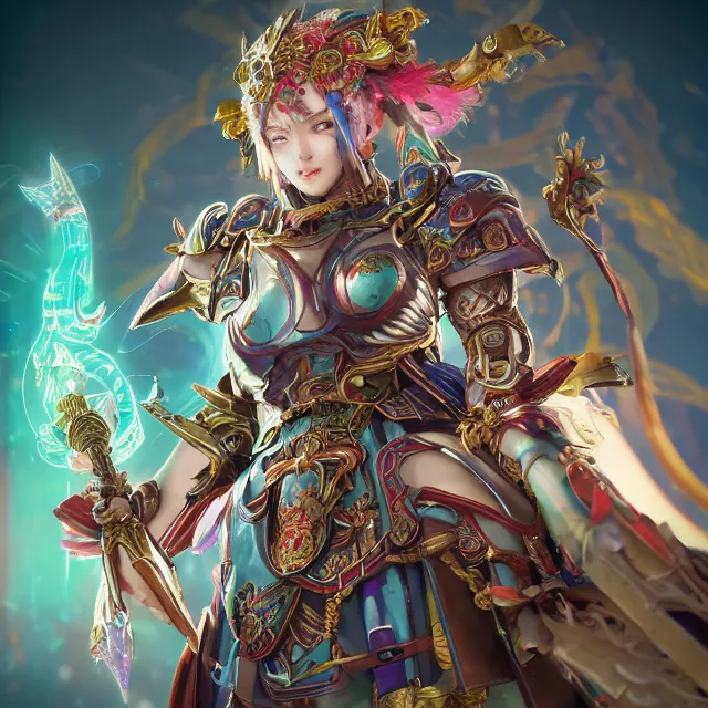 Image similar to studio portrait of lawful good colorful female holy mech paladin as absurdly beautiful, graceful, young sensual gravure idol, ultrafine hyperrealistic detailed face illustration by kim jung gi, irakli nadar, intricate linework, sharp focus, bright colors, matte, octopath traveler, final fantasy, unreal engine highly rendered, global illumination, radiant light, intricate environment