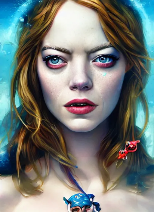 Prompt: underwater pirate portrait of emma stone, pixar style, by tristan eaton stanley artgerm and tom bagshaw.