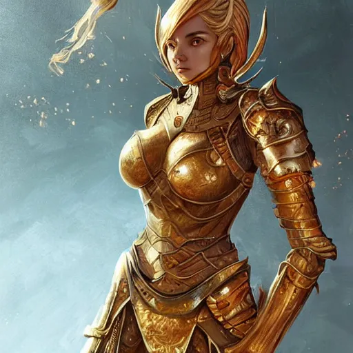 Prompt: portrait knights of Zodiac girl, golden and copper armor, in ruined Agora of Athens, ssci-fi, fantasy, intricate, very very beautiful, elegant, highly detailed, digital painting, artstation, concept art, smooth, sharp focus, illustration, art by artgerm and tian zi and WLOP