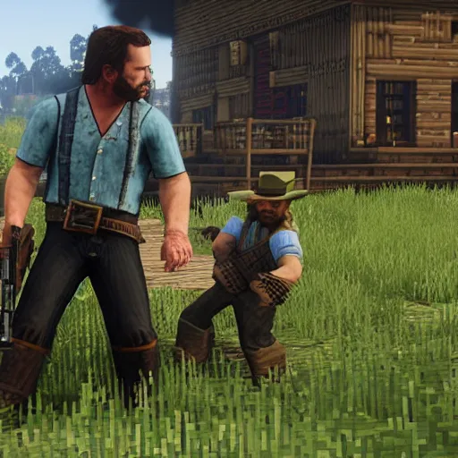 Prompt: steeve from minecraft killing arthur from red dead redemption 2 using nuke