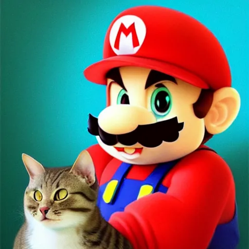 Image similar to Portrait of a Kawaii Cat dressed as Super Mario, Mario hat, nintendo, highly detailed, digital painting, artstation, concept art, smooth, sharp focus, illustration, art by artgerm and greg rutkowski and alphonse mucha