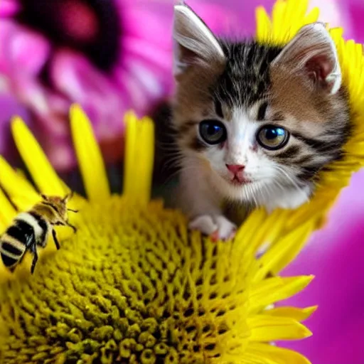 Prompt: photo of a hybrid between a bee and a kitten