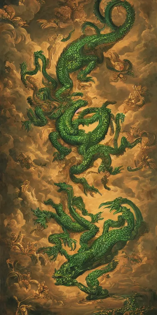 Prompt: award winning rococo painting of a mythological basilisk staring directly at the camera. The basilisk is made of binary numbers glowing green