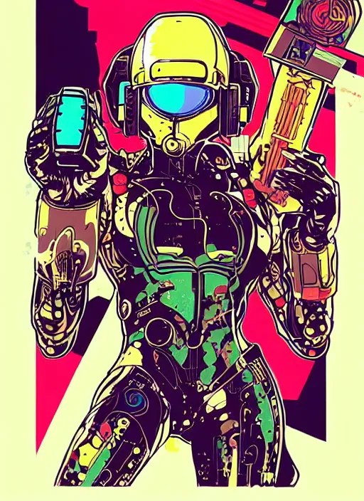 Image similar to cyberpunk samus!! cyborg portrait illustration, pop art, splash painting, art by geof darrow, ashley wood, alphonse mucha, makoto shinkai