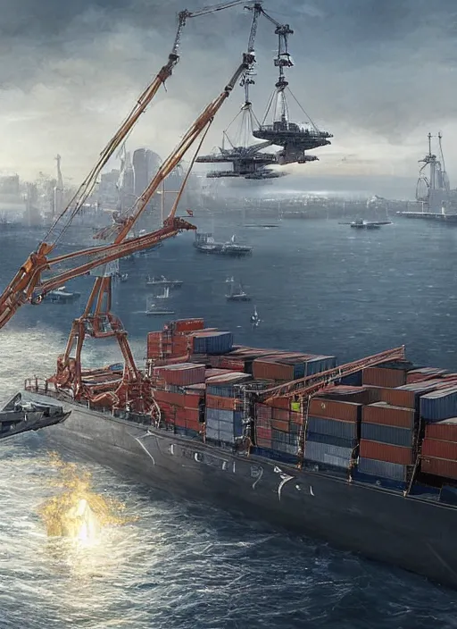 Prompt: hyper realistic robotic cranes loading containers onto starships, beautiful details, strong composition painted by kim jung guweta studio rutkowski, james gurney and greg rutkowski, and lucasfilm