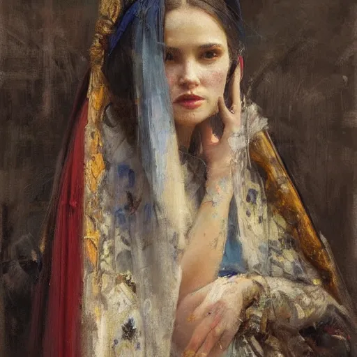 Image similar to Richard Schmid and Jeremy Lipking portrait painting of a young beautiful woman priestess in elaborate costume