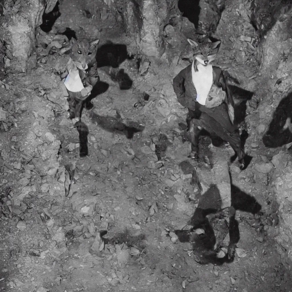 Prompt: anthropomorphic furry fox wearing suit explores underground city, 1 9 3 0 s film still