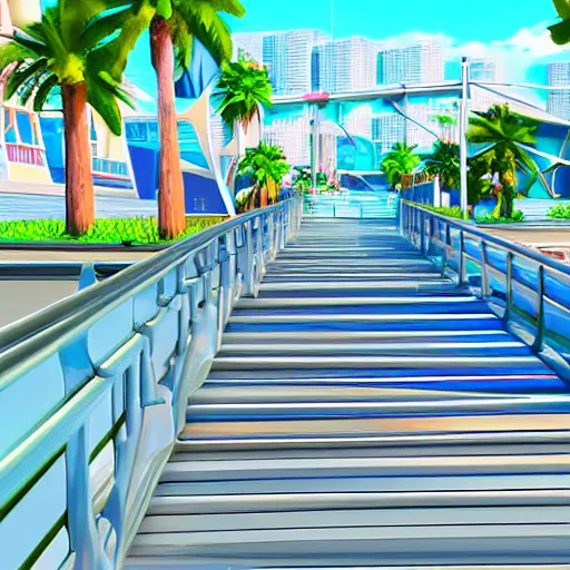 Image similar to oceanfront walkway, futuristic city, colorful city, curved railing, long railing, shining sea, cel - shading, 2 0 0 1 anime, cel - shaded, bright sunshine, jet set radio, mirror's edge, raytracing, toon - shading, strong shadows