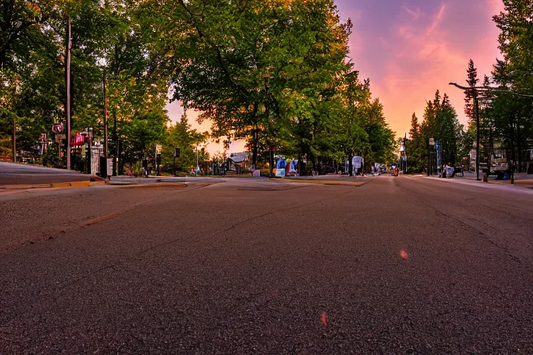 Image similar to low-angle photo aimed at busy city street of Edmonton Alberta, humidity among summer trees, car taillights leaving a small amount of trails of light, red dusk, high dynamic range, medium contrast, 1/4 shutterspeed, sigma 24mm f8