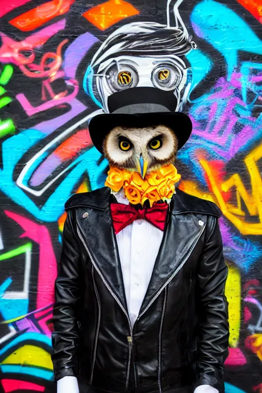 Prompt: gentleman owl with black biker jacket, portrait photo, backlit, wall with colorful graffiti, studio photo, suit, bow tie, tophat, tophat