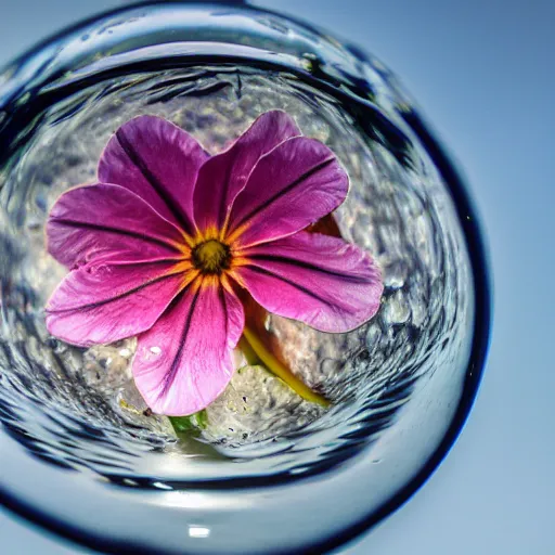 Prompt: macro photo of a flower inside a water sphere, depth of field, higly detailed photo
