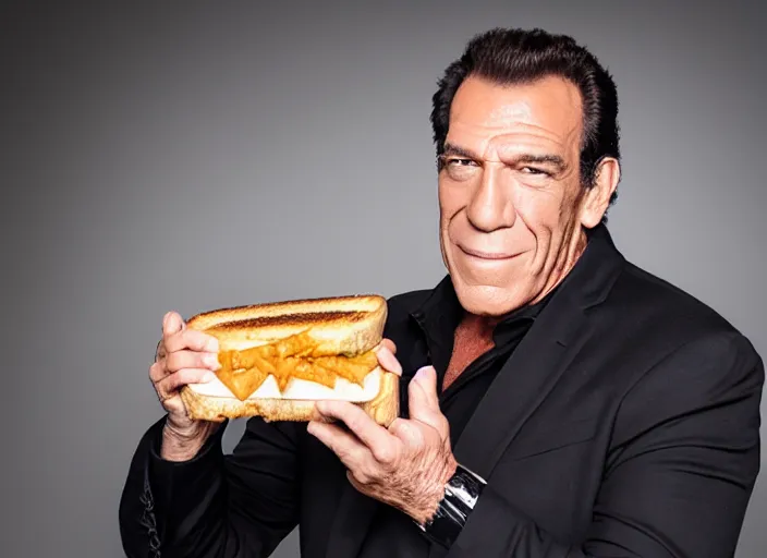 Prompt: studio portrait photo still of robert davi!!!!!!!! at age 5 3 years old 5 3 years of age!!!!!!! holding a grilled cheese, 8 k, 8 5 mm f 1. 8, studio lighting, rim light, right side key light