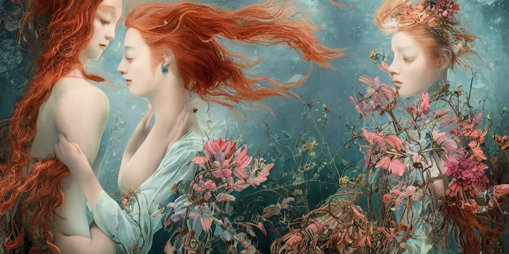 Image similar to breathtaking detailed concept art painting blend of two redhair goddess of light blue flowers by hsiao - ron cheng with anxious piercing eyes, vintage illustration pattern with bizarre compositions blend of flowers and fruits and birds by beto val and john james audubon, exquisite detail, extremely moody lighting, 8 k