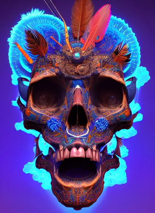 Image similar to 3 d shaman with tattoos profile portrait, sigma 5 0 0 mm f / 5. beautiful intricate highly detailed quetzalcoatl skull and feathers. bioluminescent, plasma, lava, ice, water, wind, creature, thunderstorm! artwork by tooth wu and wlop and beeple and greg rutkowski, 8 k trending on artstation,