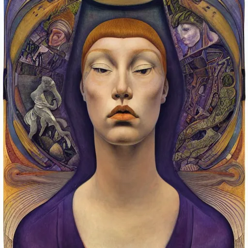 Image similar to the little android queen, by annie swynnerton and diego rivera and elihu vedder and lucien freud and jean delville, symbolist, dramatic lighting, elaborate geometric ornament, head and shoulders view, art brut, soft cool colors, smooth, sharp focus, extremely detailed, adolf wolfli, leo and diane dillon, nicholas roerich