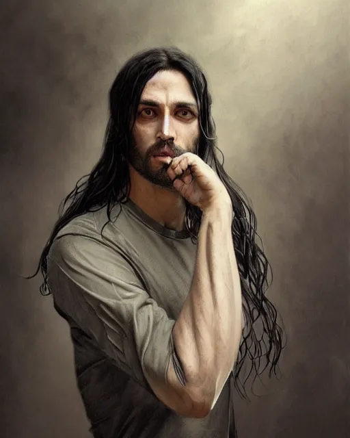 Prompt: portrait of tall, tired 3 3 - year - old handsome man with long black hair, grey eyes, wearing black clothes, hyper realistic face, beautiful eyes, close up, fantasy art, in the style of greg rutkowski, intricate, alphonse mucha, hyper detailed, smooth