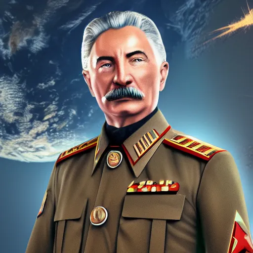 Image similar to Cinematic shot of Joseph Stalin astronaut, hd 4k, AAA game, octane render