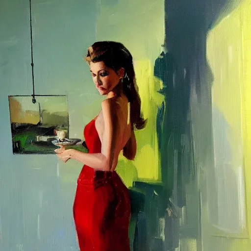 Image similar to an oil on canvas painting of a beautiful feminine woman from the 60's, leaning against the wall, living room, figurative art, studio portrait, detailed, deviantart, cgsociety, chiaroscuro, acrylic art, by Elmer Bischoff, by Michael Garmash