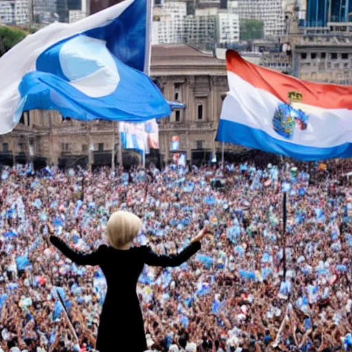 Image similar to Lady Gaga as president, Argentina presidential rally, Argentine flags behind, bokeh, giving a speech, detailed face, Argentina