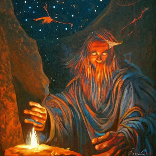 Prompt: a painting of a sorcerer casting a spell, rune marks, cavern, fireflies, torch, by scott fischer, john avon