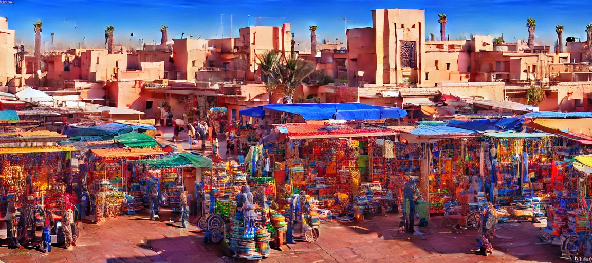 Prompt: hyperrealistic painting of marrakech, mechanical designs, traditional houses and palms, bazar, technological, detailed engineering, vivid color, elegant, meticulous, cinematic, cyberpunk style, highly detailed, realism, intricate, acrylic on canvas, 8 k resolution, concept art, by noriyoshi ohrai, francesco di giorgio martini