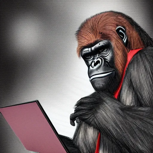 Prompt: gorilla dnd character, technomancer, working on laptop, profile, detailed illustration