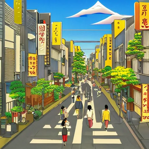 Image similar to japanese town, neighborhood, surreal neighborhood, street view, anime, modern neighborhood, japanese city, underground city, modern city, tokyo - esque town, 2 0 0 1 anime, cel - shading, compact buildings, sepia sunshine, yellow sunshine