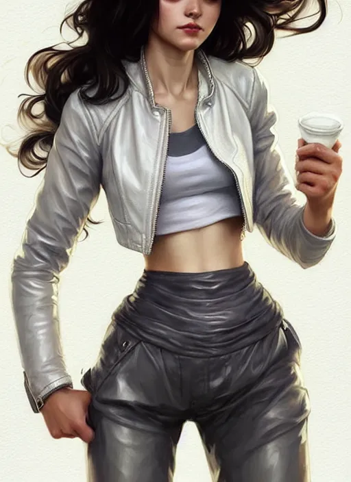 Image similar to girl in very short white! top and very short gray! leather jacket, open belly, long dark curly hair, high waist sweatpants, intricate, elegant, highly detailed, digital painting, artstation, concept art, smooth, illustration, art by artgerm and greg rutkowski and alphonse mucha