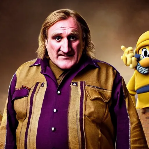 Image similar to Gérard Depardieu dressed as Wario, set photo, highly detailed, cinematic lighting, 4K