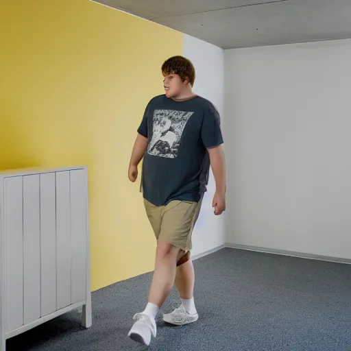 Prompt: white fat teenage boy wearing a white tank top, walking in a nostalgic room with yellow walls and brown carpet