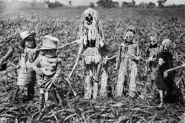 Prompt: disturbing scarecrow from the early 1 9 0 0's burning down the cornfields with a group of children