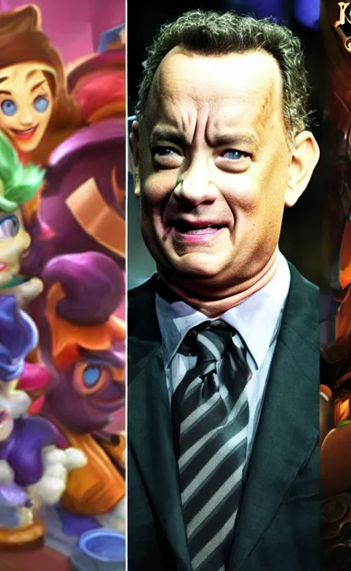 Image similar to Tom Hanks as a character in the game League of Legends, with a background based on the game League of Legends, detailed face, old 3d graphics