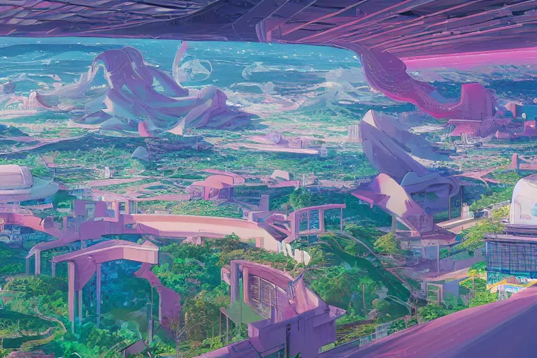 Image similar to Panorama view of an anime scenery by Beeple and naomi okubo and dan mumford and zaha hadid