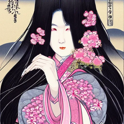 Prompt: portrait of the japanese moon princess kaguya hime with long flowing black hair wearing an ornate pink kimono with intricate floral patterns, touhou character illustration by ross tran, bo chen, toni infante, rebecca oborn, michael whelan, trending on artstation pixiv, ukiyo - e inspired