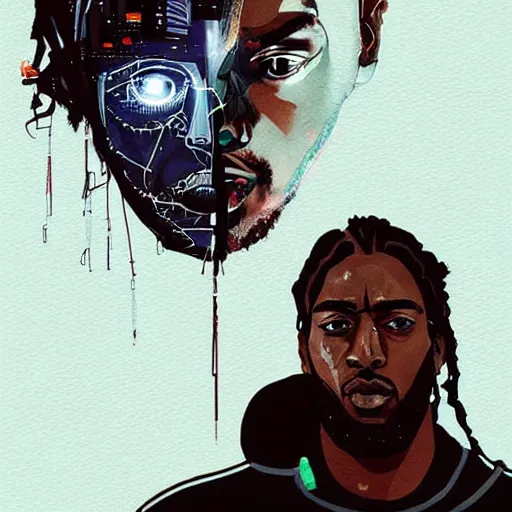 Image similar to portrait of kawhi leonard as half terminator with a robot eye in a scenic environment by conrad roset, watercolors, cybernetically enhanced, hyperdetailed, cyberpunk, cool, trending on artstation