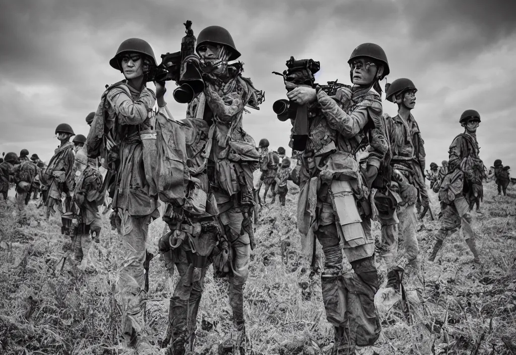 Image similar to fashion editorial in Vietnam war battlefield. wide angle shot. highly detailed.