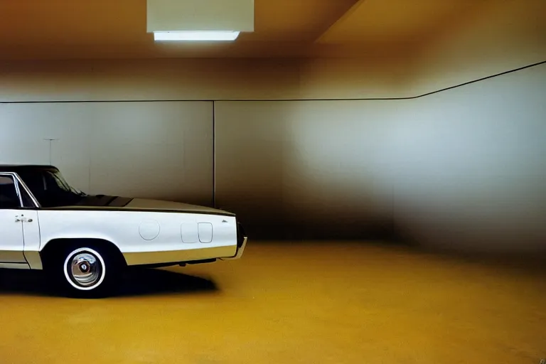 Image similar to single 1969 Thunderbird by Renault, inside of a minimalist Tokyo garage, ektachrome photograph, volumetric lighting, f8 aperture, cinematic Eastman 5384 film