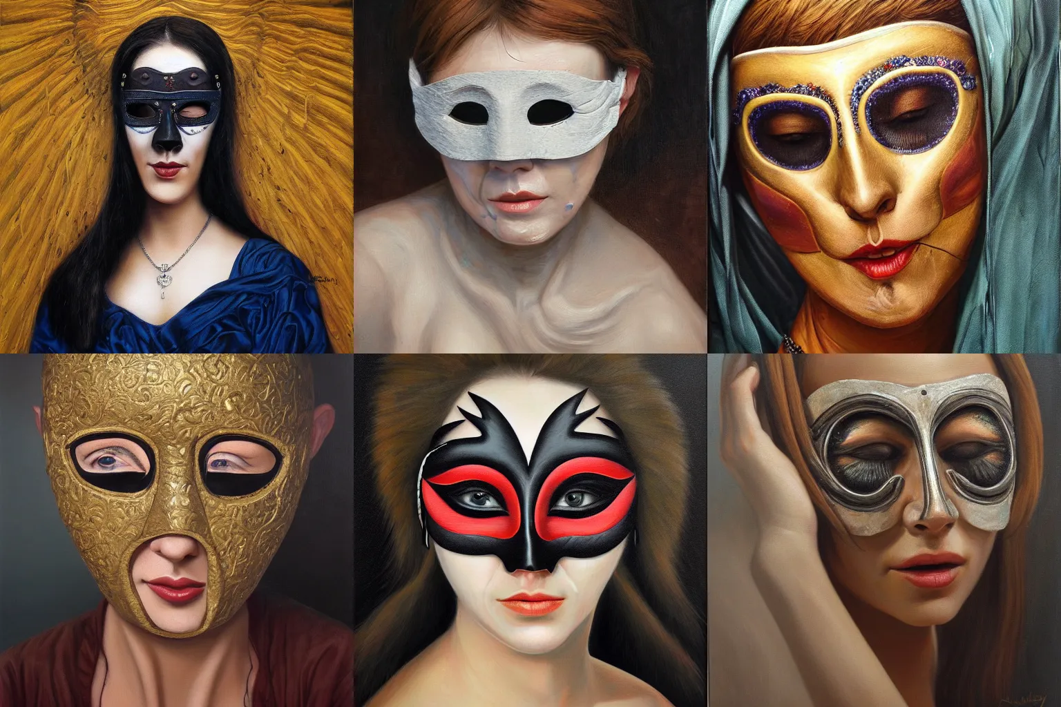 Prompt: The blind beautiful woman in mask by Xavier Mellery, highly detailed oil painting, 4k, masterpiece